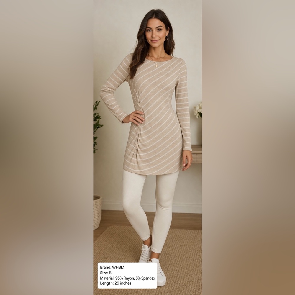 White House Black Market Beige Ruched Striped Long Sleeve Tunic Top | S